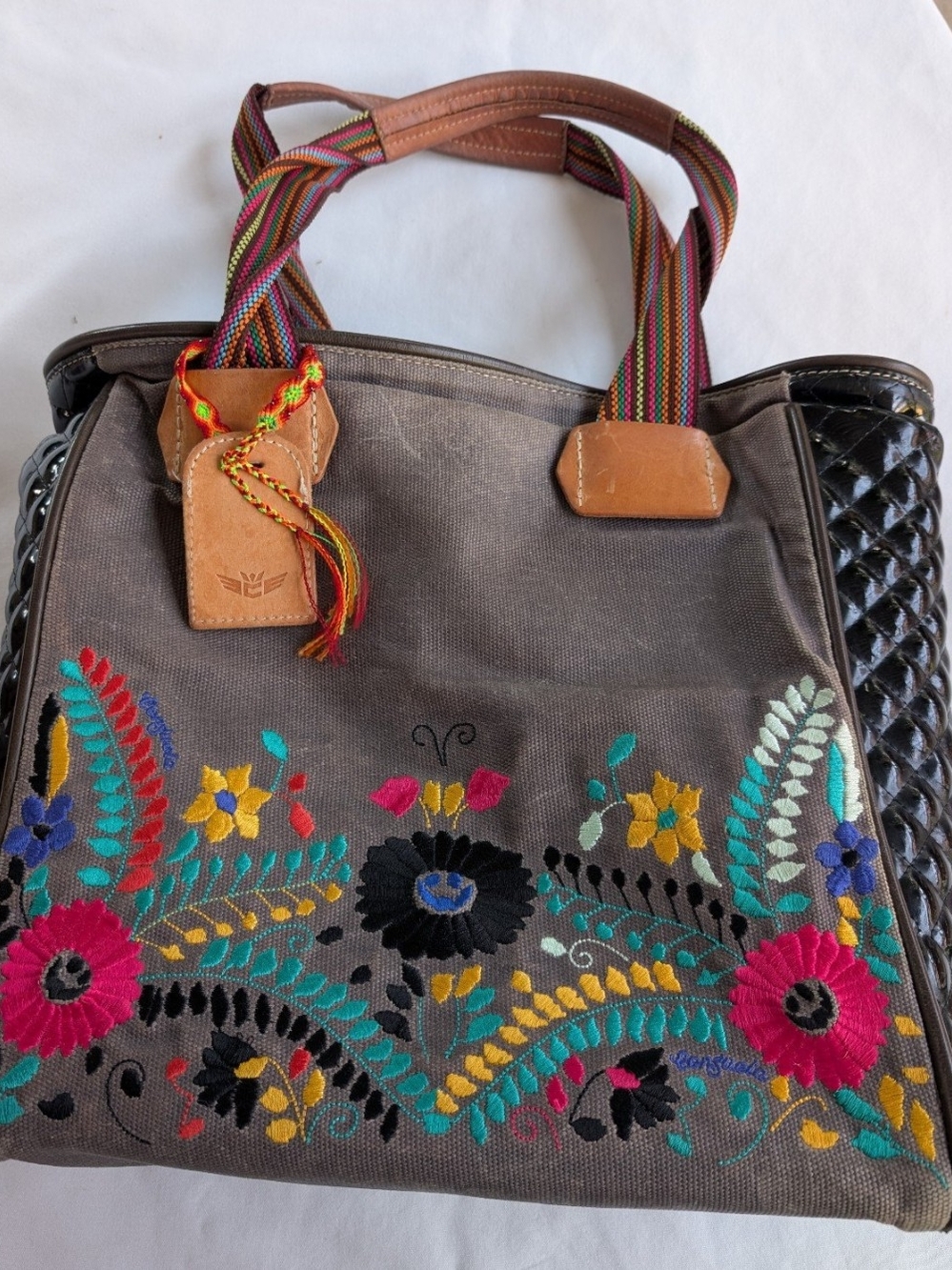Consuela Embroidered Floral Canvas Tote Bag in Gray